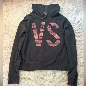 Gray Victorias Secret cropped hoodie pullover with pink Aztec angel logo, size M